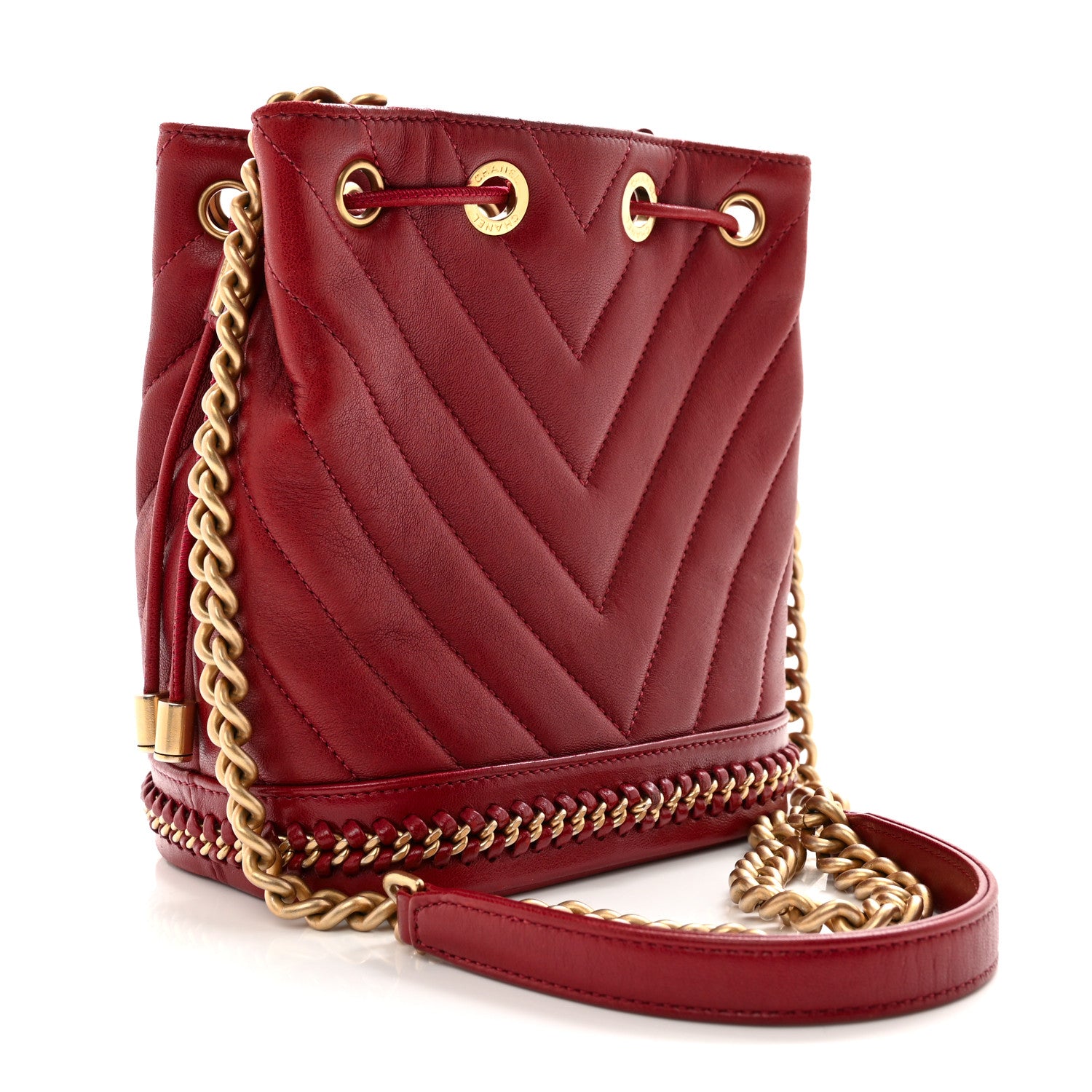 Chanel Sheepskin Chevron Quilted Small Drawstring Bag Dark Red 3 of 11