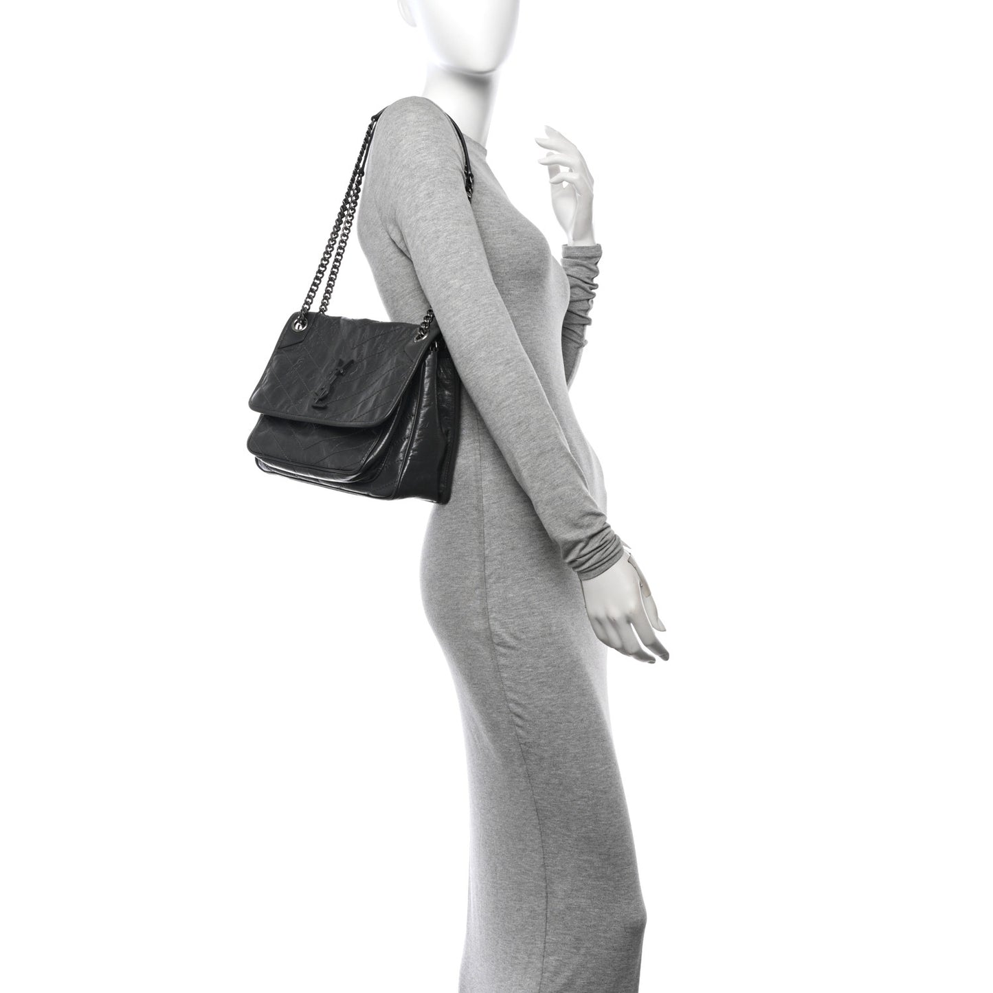 Crinkled Calfskin Matelasse Monogram Medium Niki Chain Satchel Storm