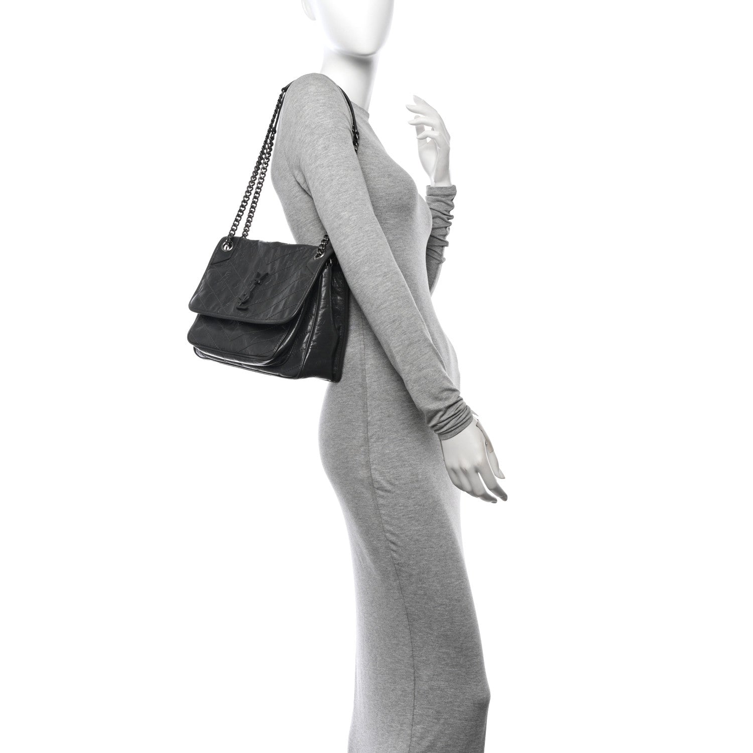 Saint Laurent Crinkled Calfskin Matelasse Monogram Medium Niki Chain Satchel Storm 2 of 10