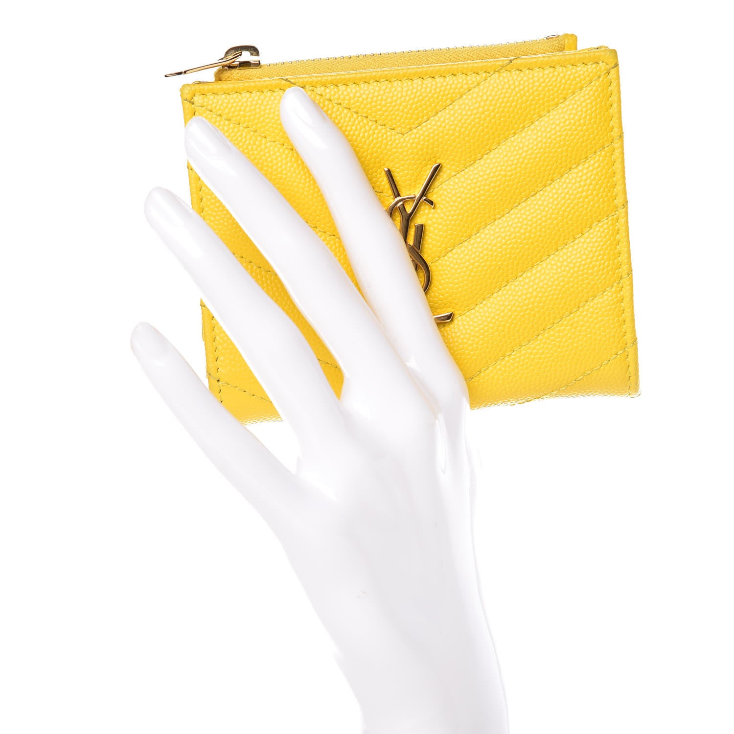 Saint Laurent Grain De Poudre Matelasse Chevron Monogram Zipped Card Case Mimosa Shiny 2 of 12