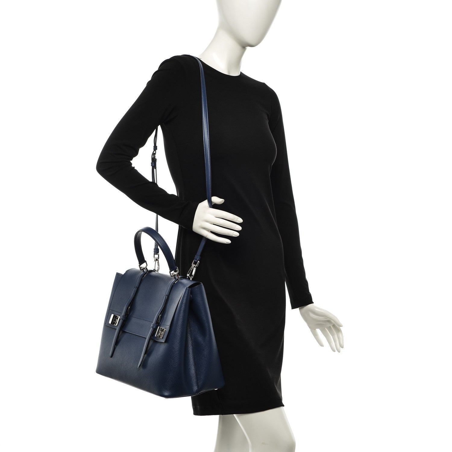 Prada Saffiano Cuir Convertible Top Handle Tote Bleuette 2 of 8