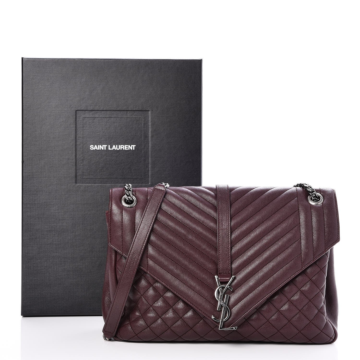 Saint Laurent Calfskin Mixed Matelasse Triquilt Large Monogram Envelope Satchel Bordeaux 10 of 10