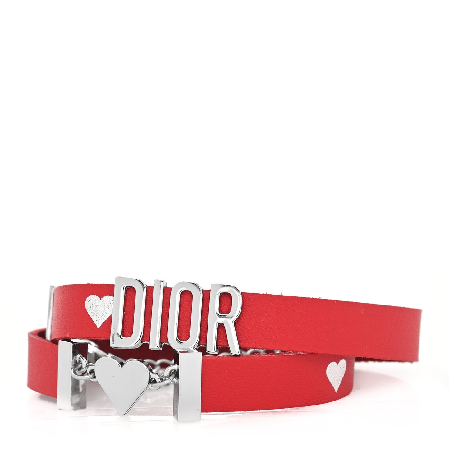 Calfskin Dior Heart Double Bracelet Red