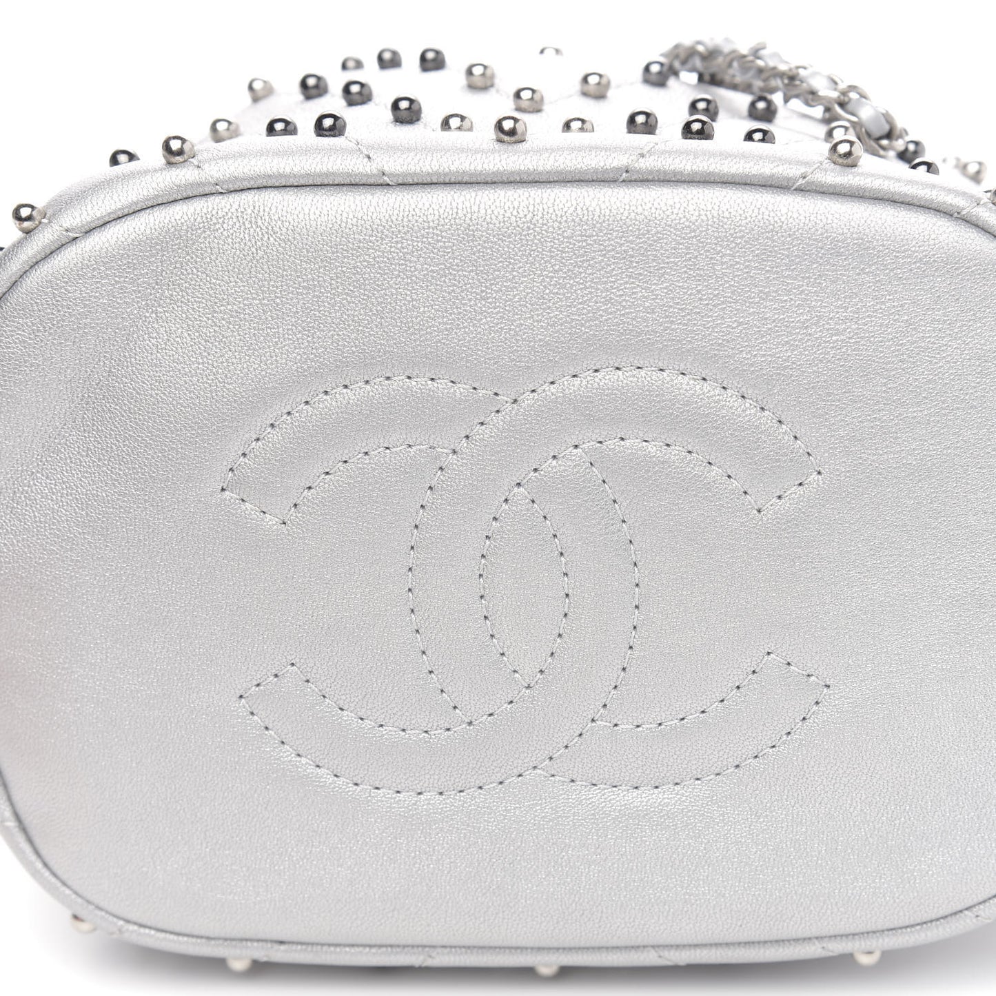 Metallic Lambskin Studded Chevron Quilted Small Stud Wars Drawstring Bag Silver