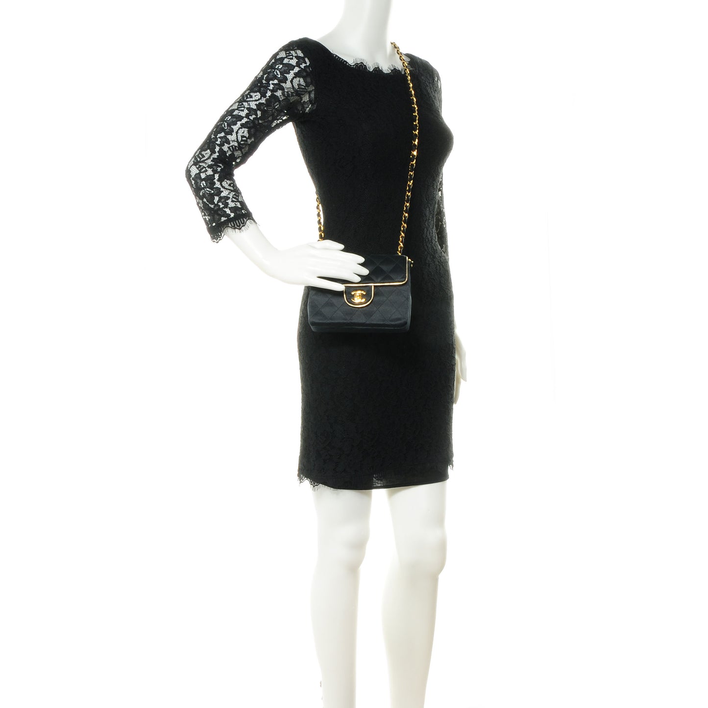 Satin Quilted Mini Flap Black Gold