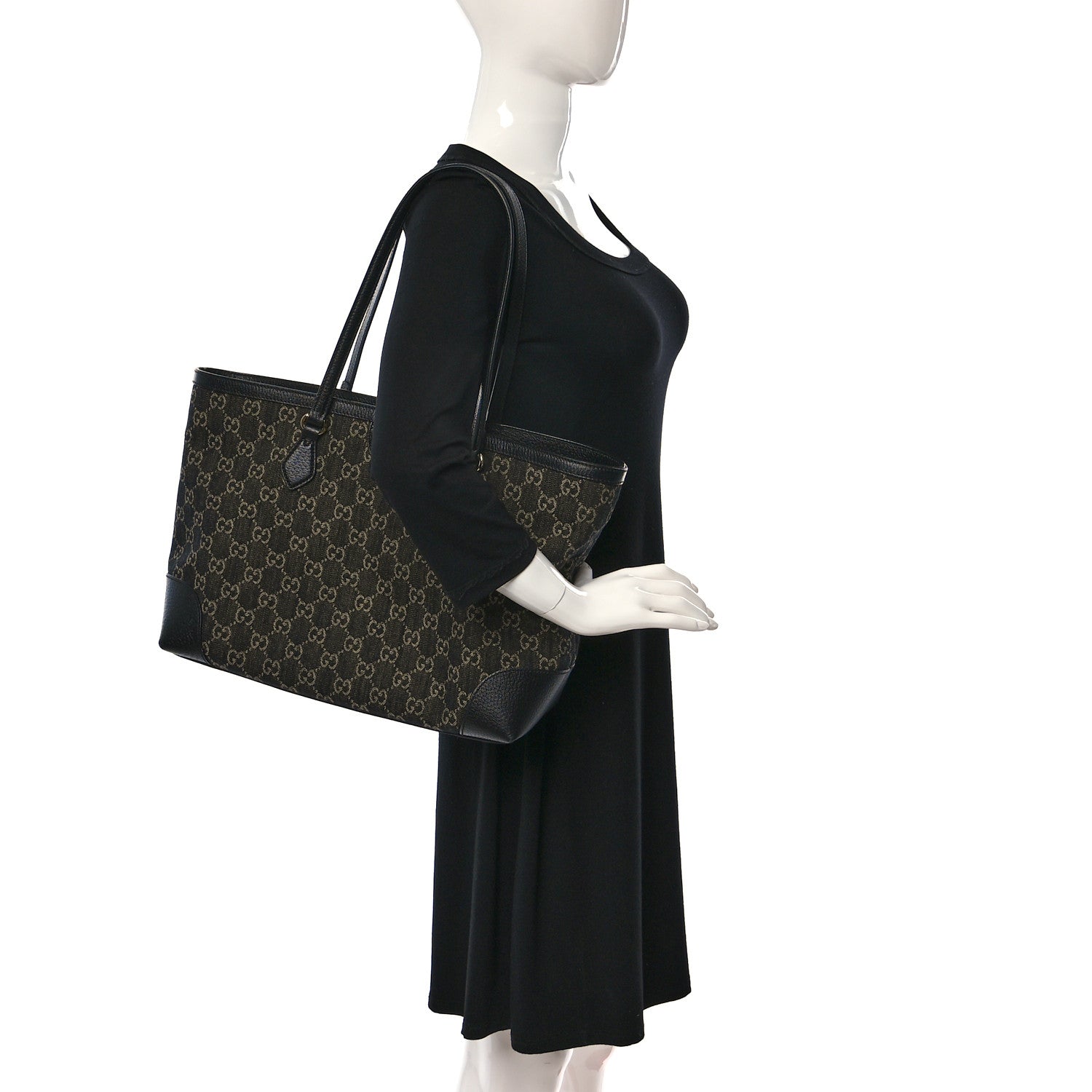 Gucci Jacquard Black Denim GG Monogram Medium Ophidia Shopping Tote Black Ivory 2 of 10