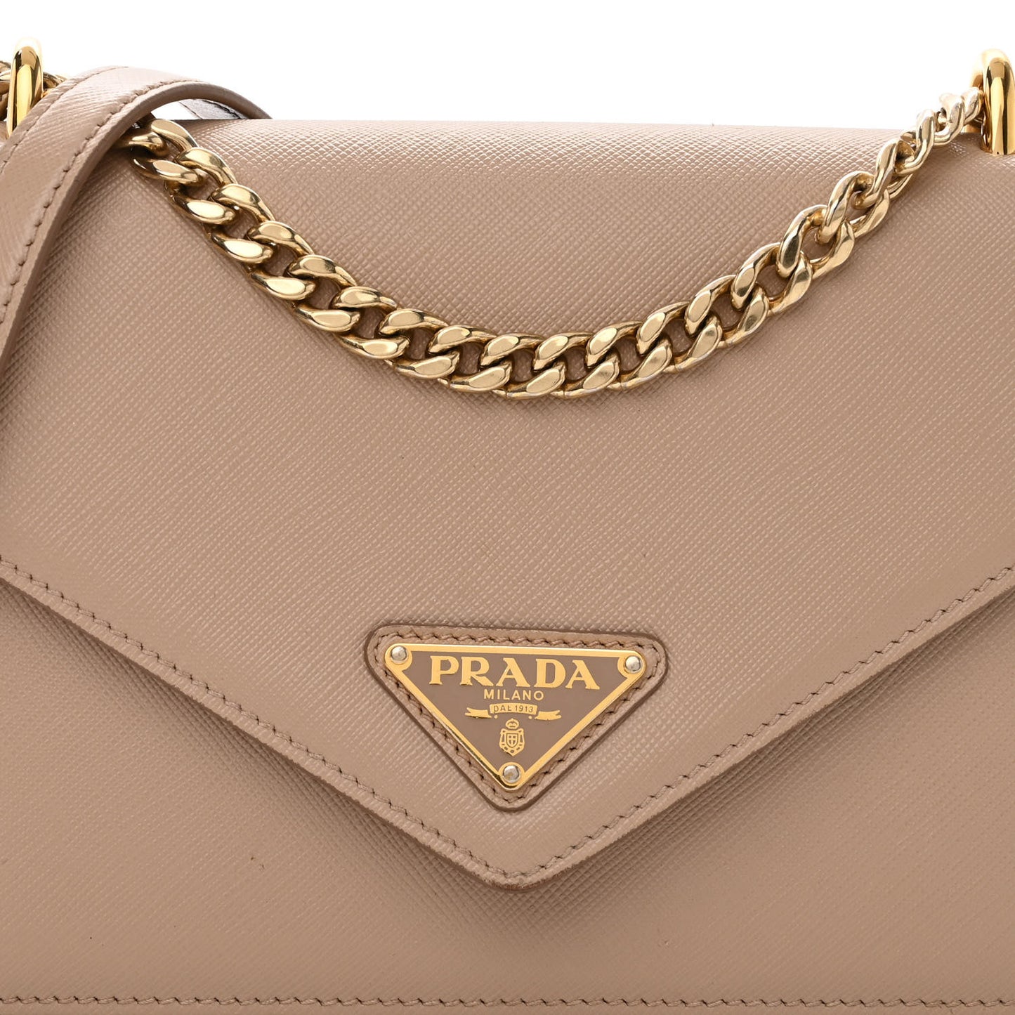 Saffiano Soft Calfskin Metal Triangle Logo Envelope Chain Shoulder Bag Cammeo