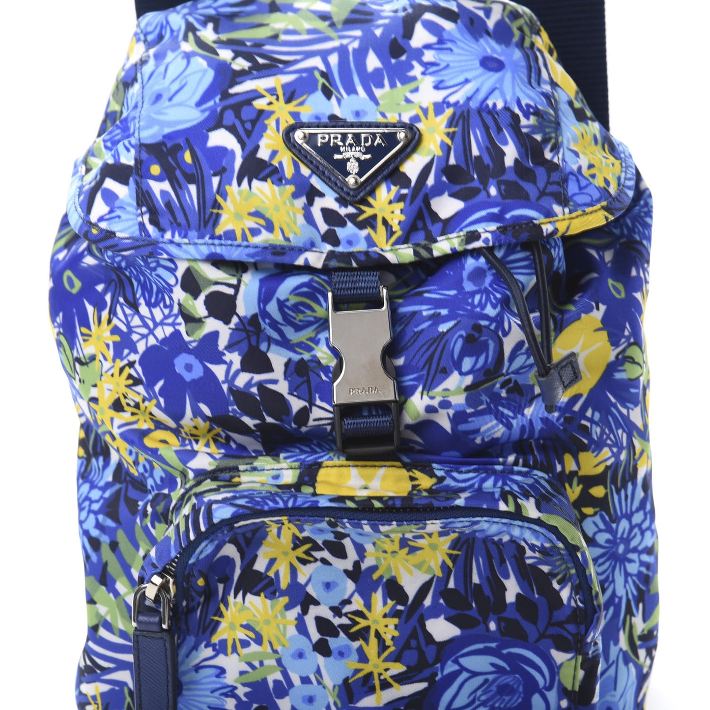 Nylon Saffiano Floral Print Single Buckle Backpack Bluette Dis Primule