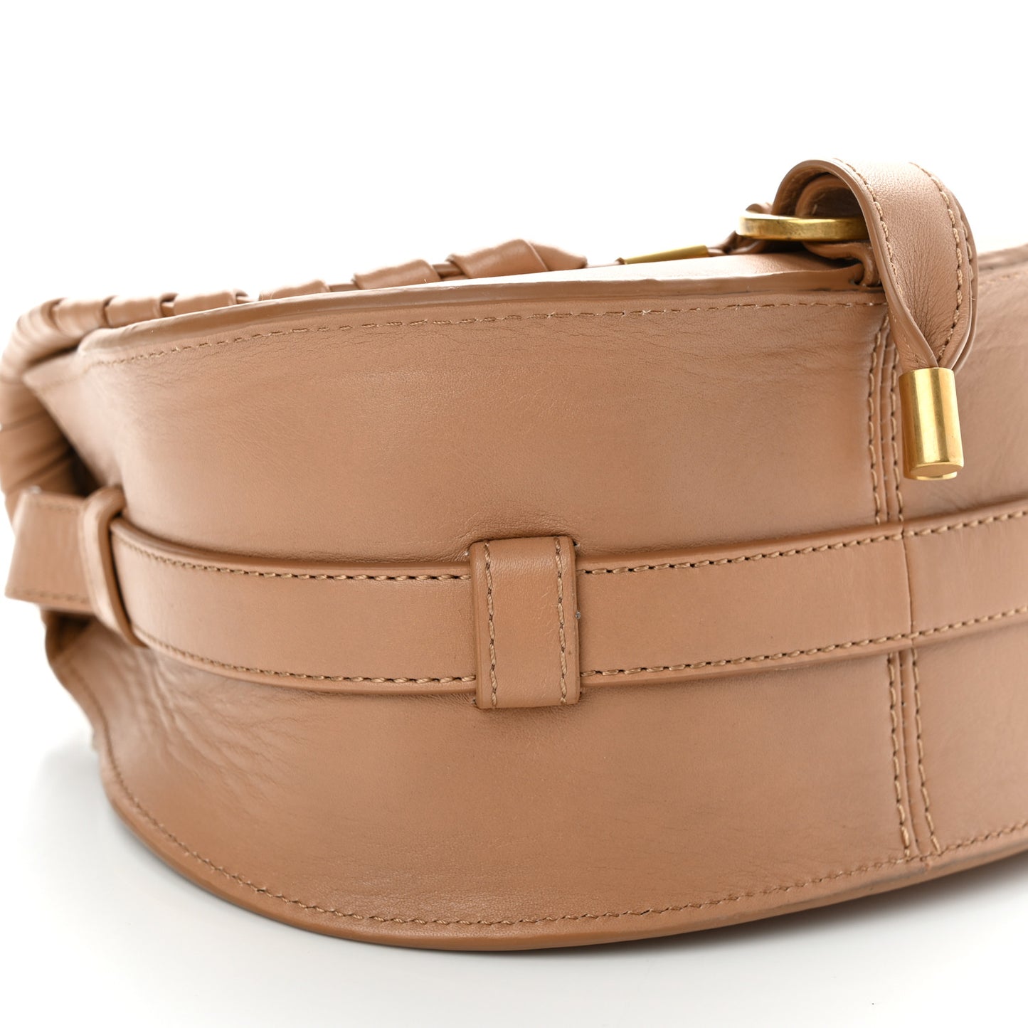 Calfskin Whipstitch Mini Marcie Round Crossbody Bag Light Tan