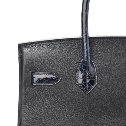 Hermes Taurillon Novillo Shiny Niloticus Crocodile Birkin Touch 30 Black Bleu Marine 7 of 29