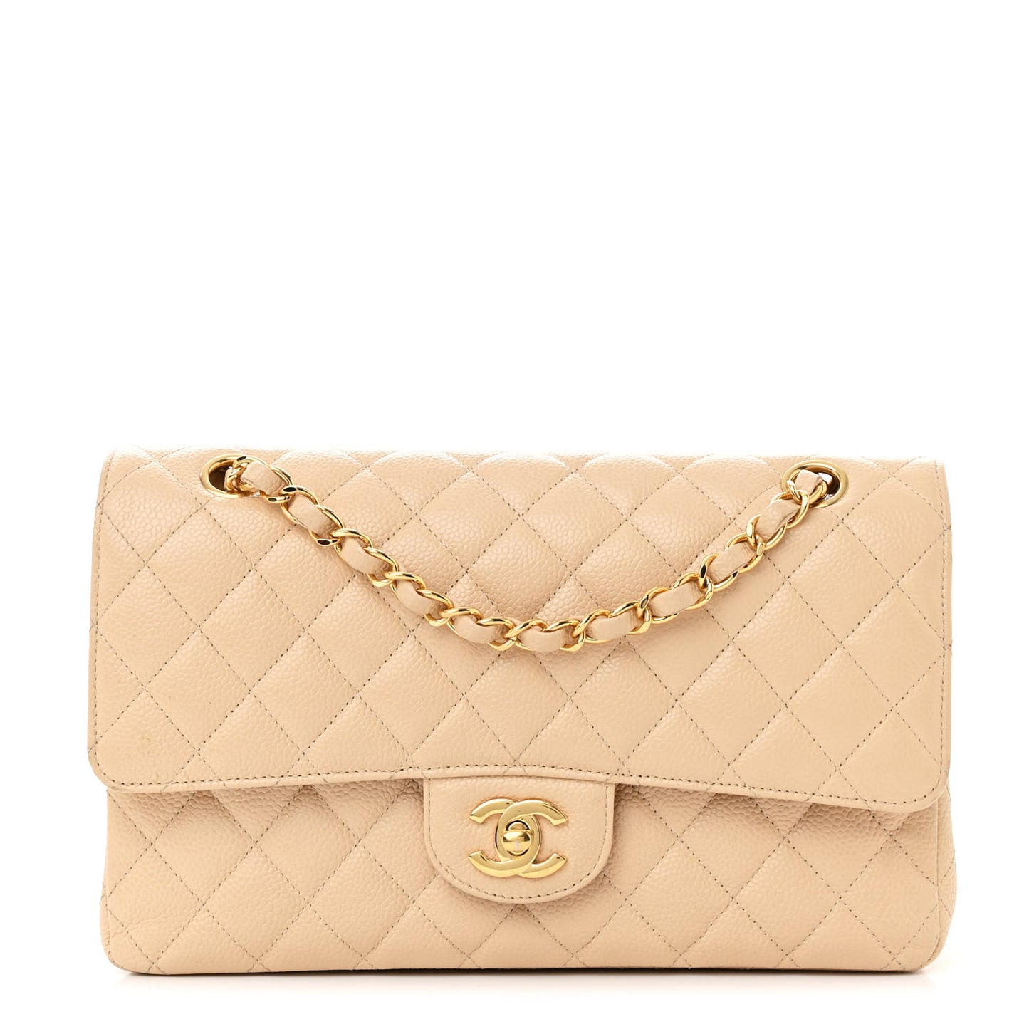 Caviar Quilted Medium Double Flap Beige
