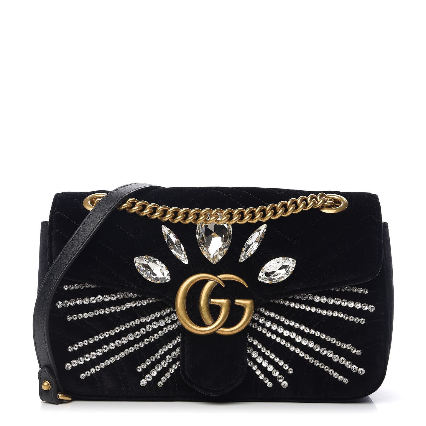 Velvet Matelasse Marquise Crystals Embroidered Small GG Marmont Shoulder Bag Black
