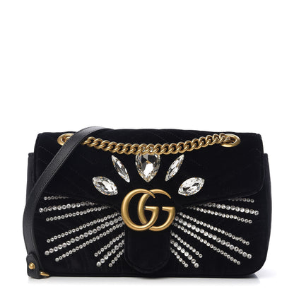 Gucci Velvet Matelasse Marquise Crystals Embroidered Small GG Marmont Shoulder Bag Black 1 of 9