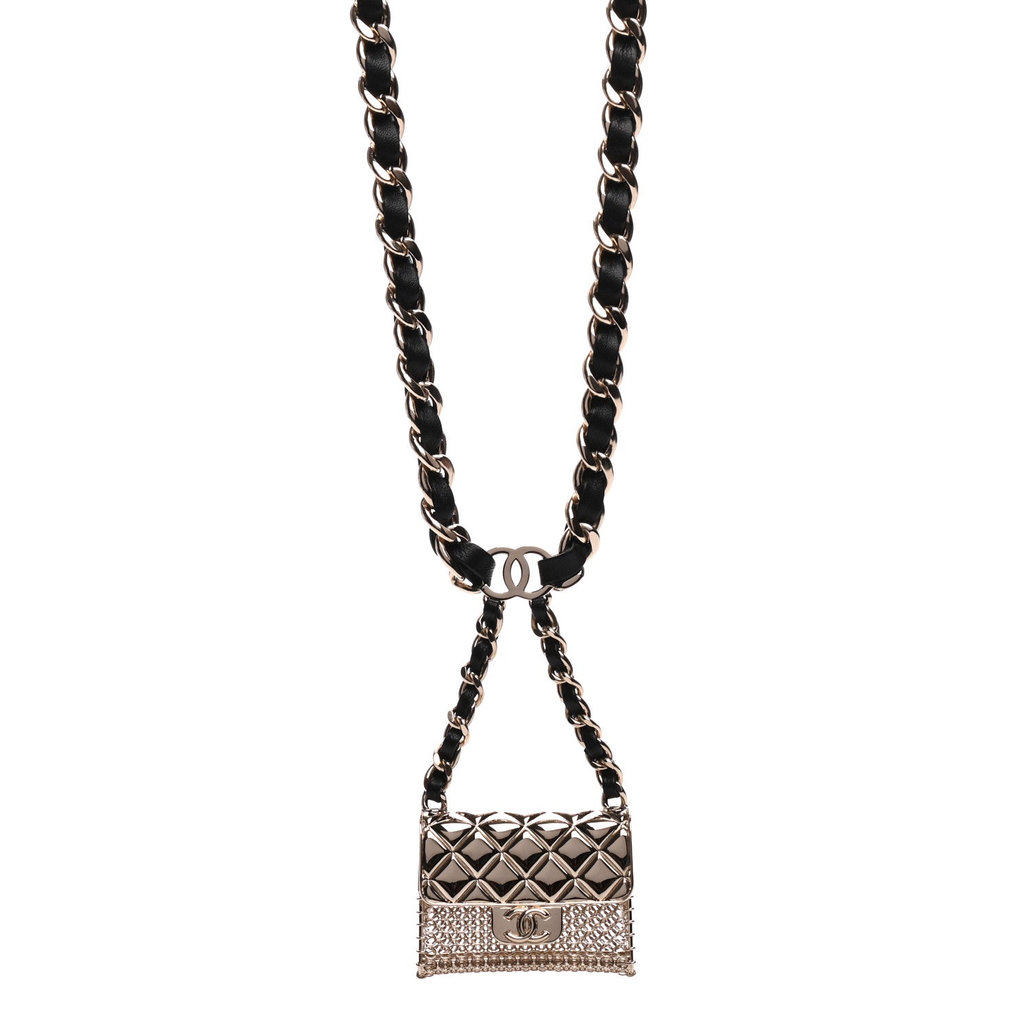 Chanel Metal Lambskin Chain Flap Bag Long Necklace Gold Black 1 of 6