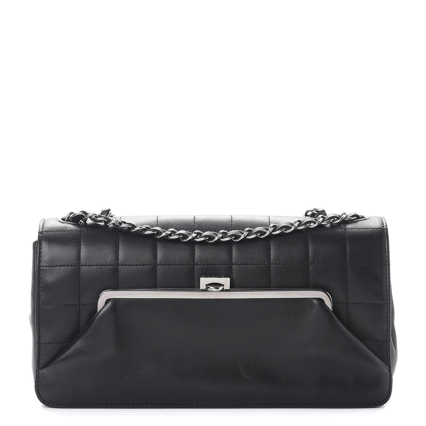 Lambskin Square Stitched Kiss Lock Flap Black