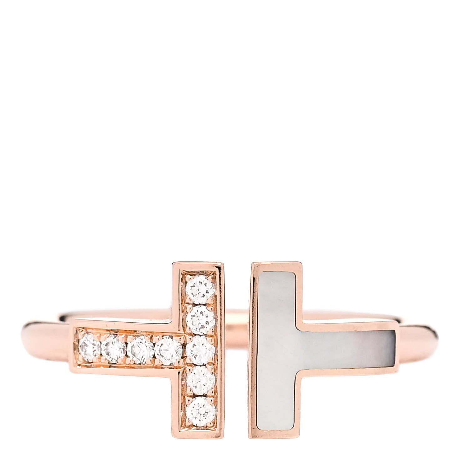 Tiffany 18K Rose Gold Diamond Mother of Pearl T Wire Ring 52 6 1 of 5