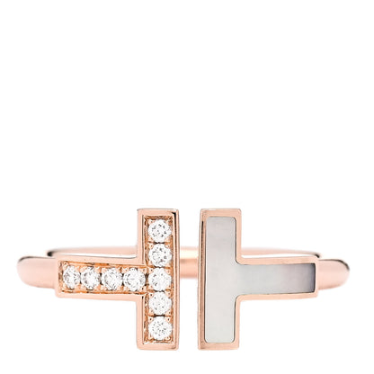 Tiffany 18K Rose Gold Diamond Mother of Pearl T Wire Ring 52 6 1 of 5