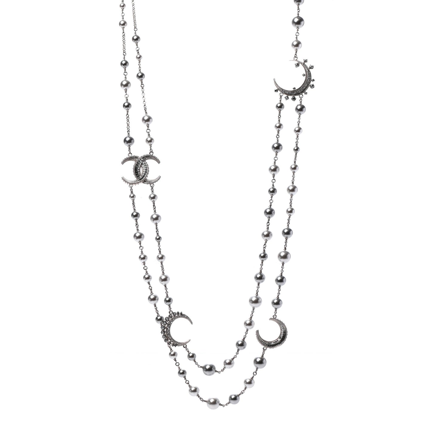 Pearl Baguette Crystal CC Moon Long Necklace Silver