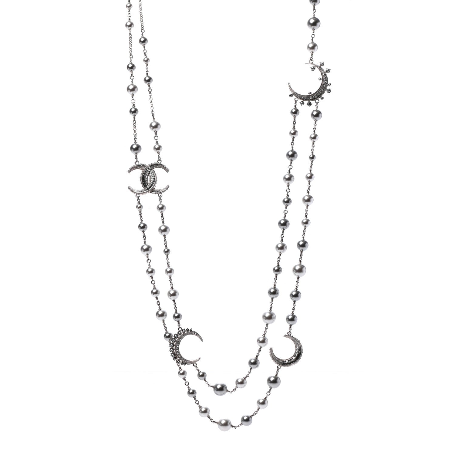 Chanel Pearl Baguette Crystal CC Moon Long Necklace Silver 1 of 5