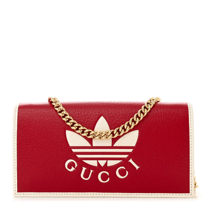 Gucci X ADIDAS Textured Dollar Calfskin Trefoil Embossed Wallet On Chain Hibiscus Red Off White 1 of 10