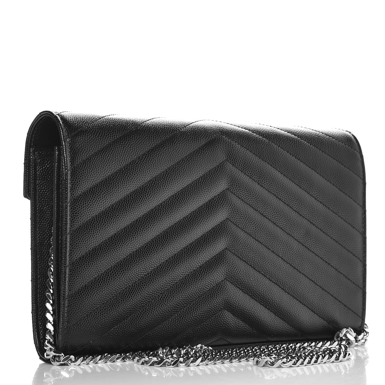 Saint Laurent Grain De Poudre Matelasse Chevron Monogram Chain Wallet Black 3 of 7