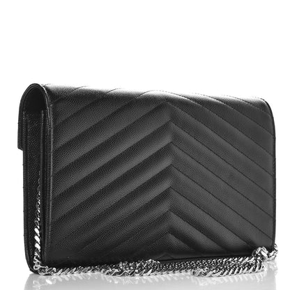 Saint Laurent Grain De Poudre Matelasse Chevron Monogram Chain Wallet Black 3 of 7