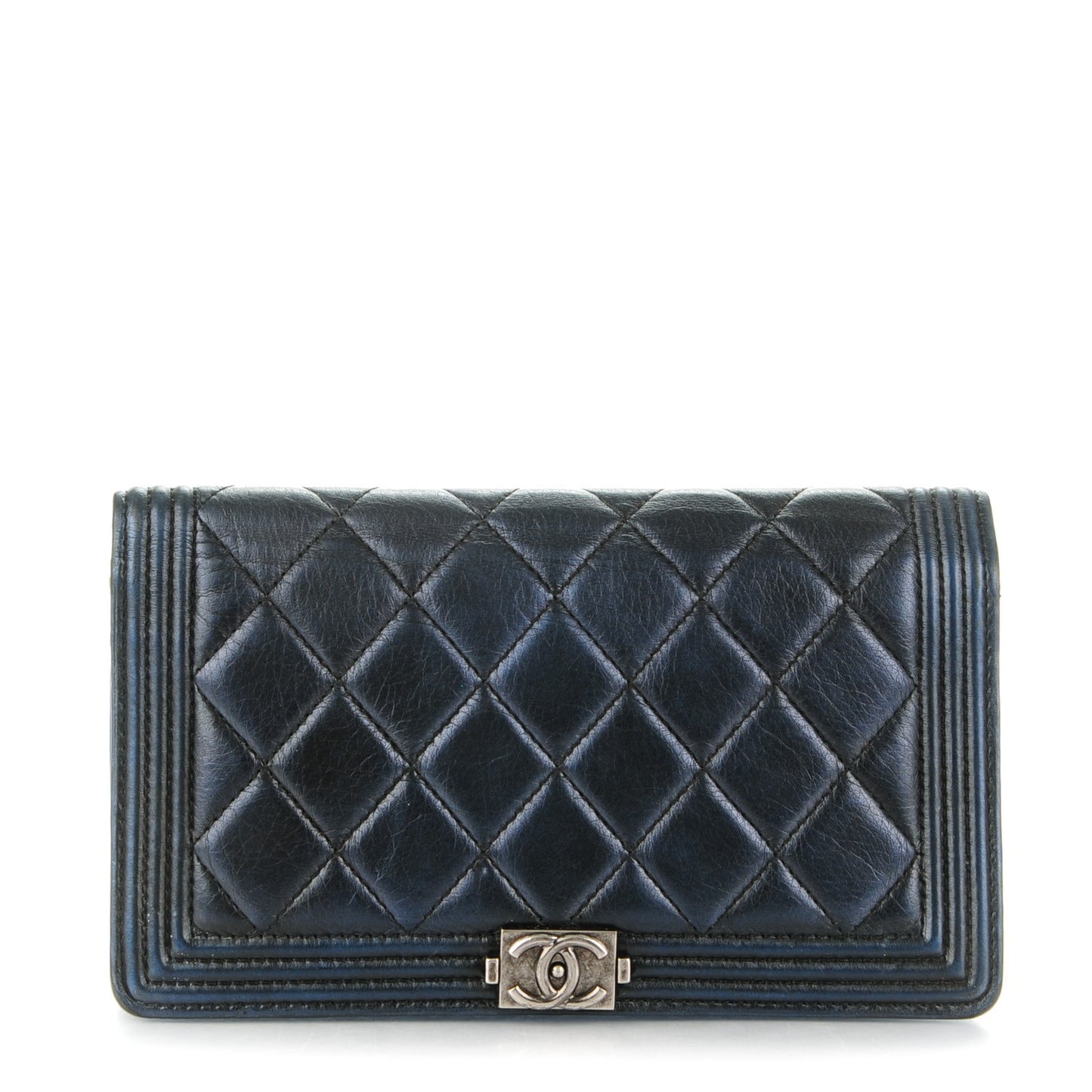 Lambskin Quilted Boy Yen Wallet Navy Blue Pearl
