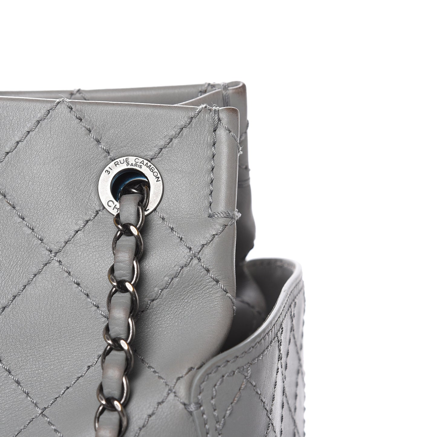 Grained Calfskin Small CC Pocket Tote Grey