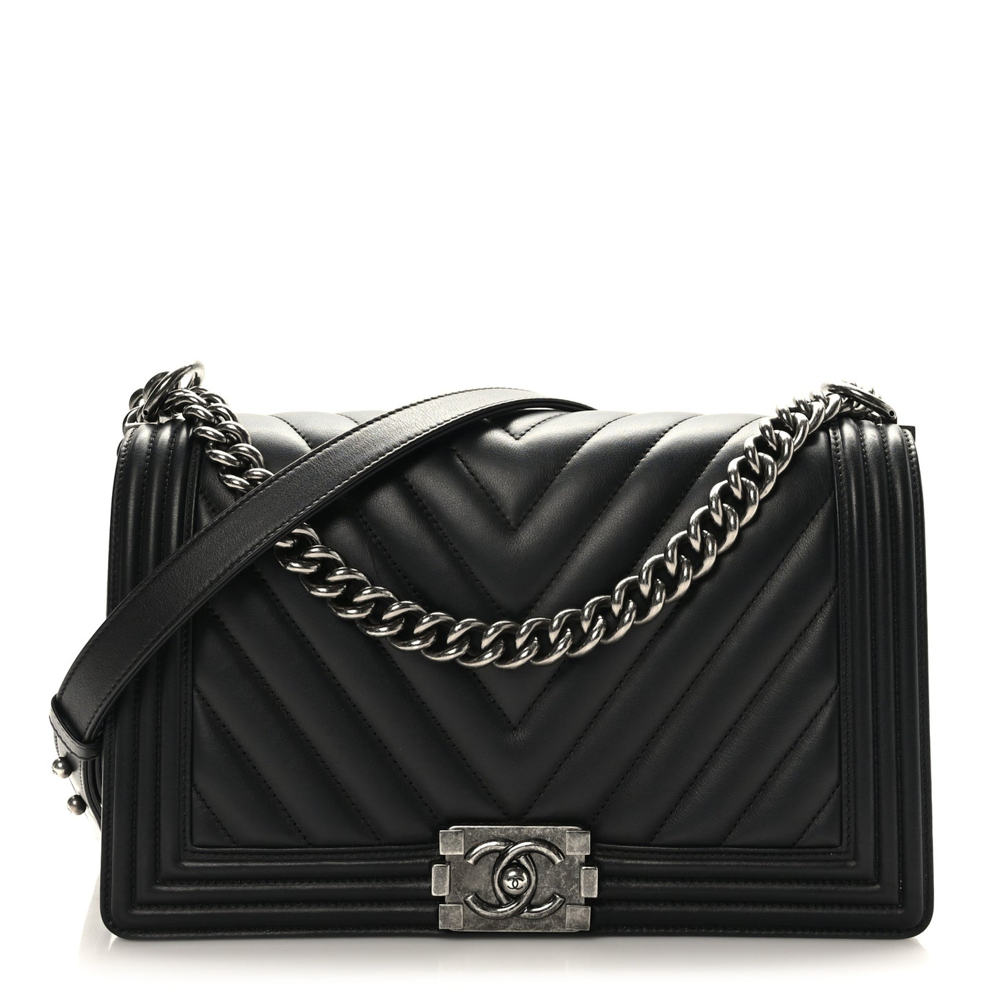 Lambskin Chevron Quilted New Medium Boy Flap Black