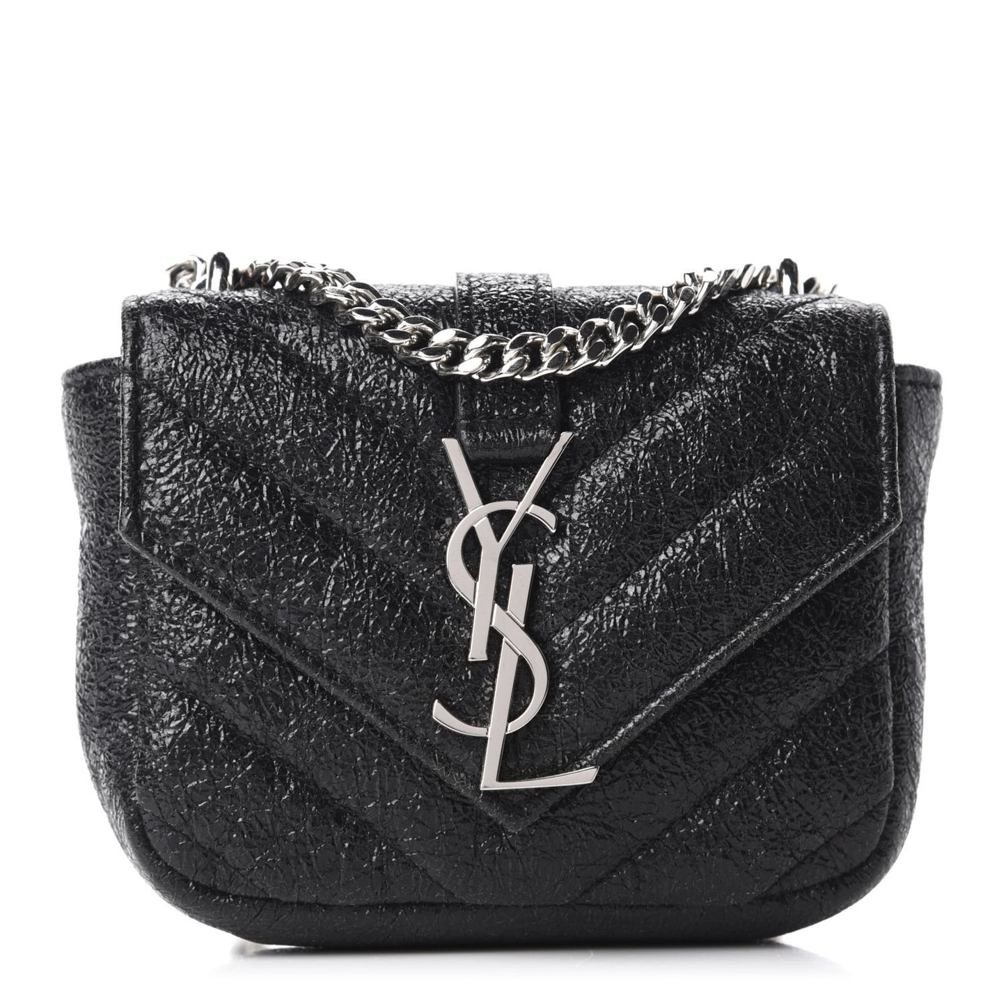 Metallic Crackled Calfskin Chevron Monogram Micro Crossbody Bag Black