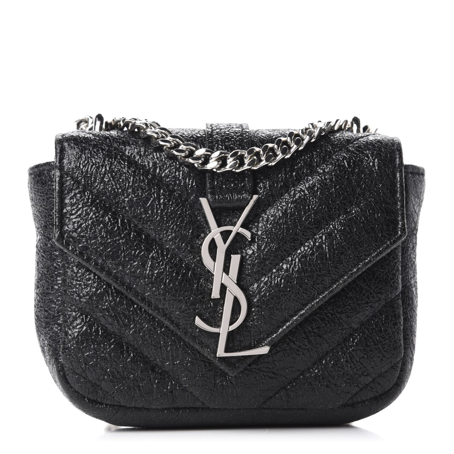 Saint Laurent Metallic Crackled Calfskin Chevron Monogram Micro Crossbody Bag Black 1 of 10