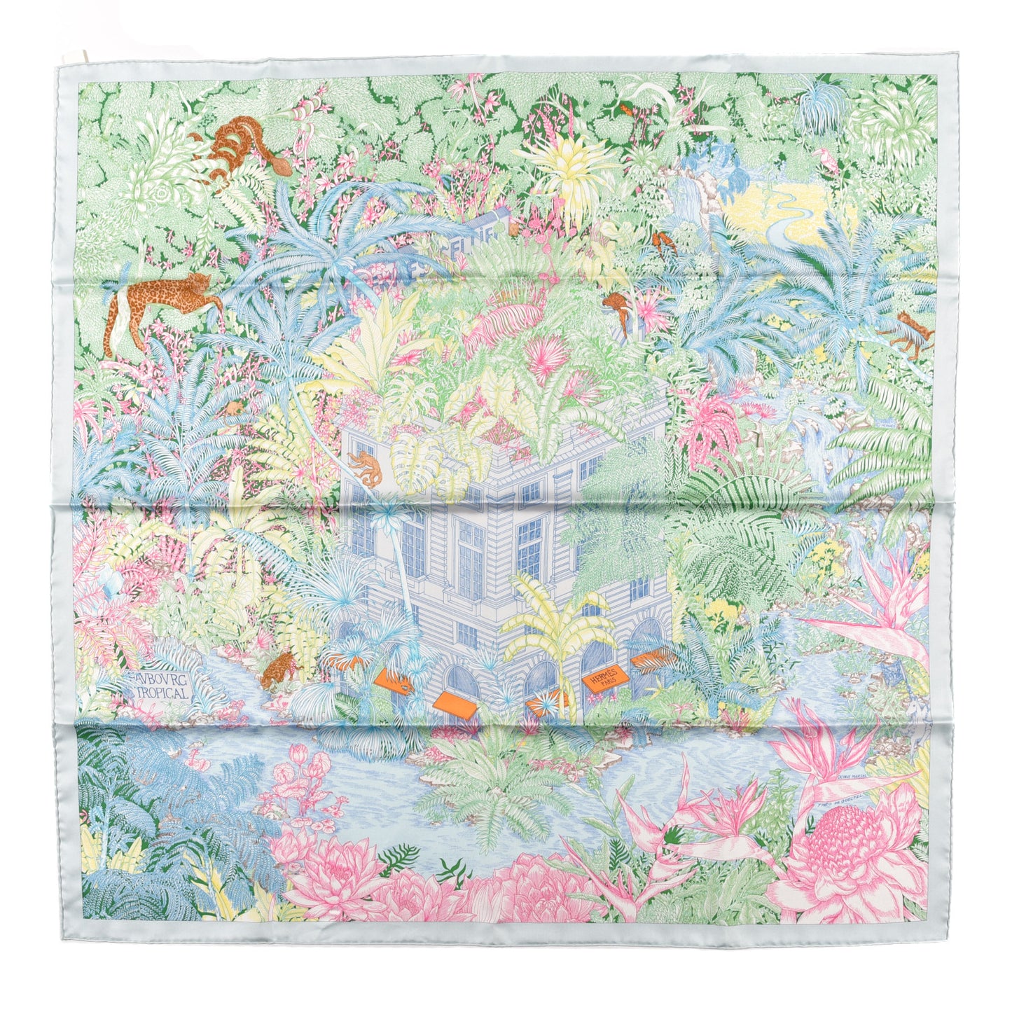 Silk Twill Faubourg Tropical Scarf 90 Bleu Vert Jaune