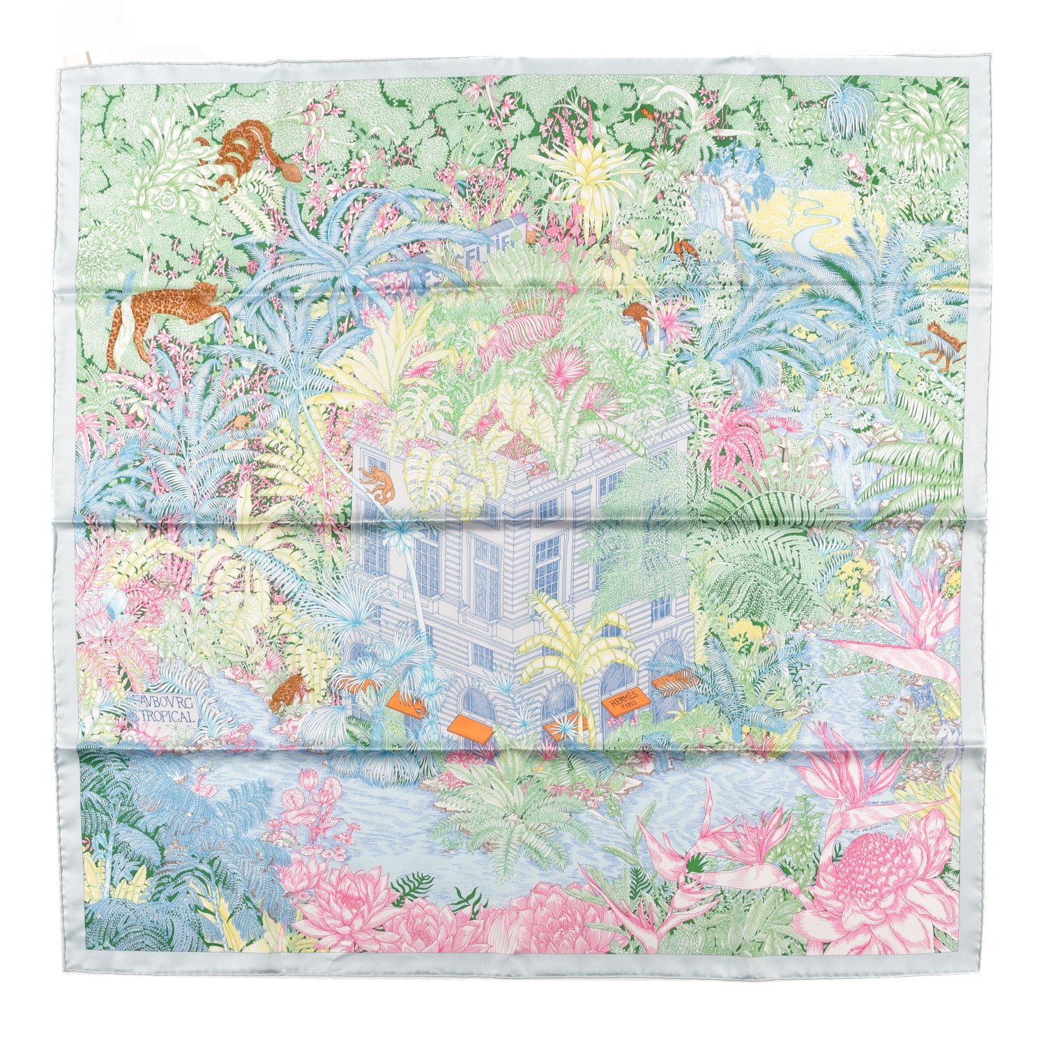 Hermes Silk Twill Faubourg Tropical Scarf 90 Bleu Vert Jaune 1 of 6