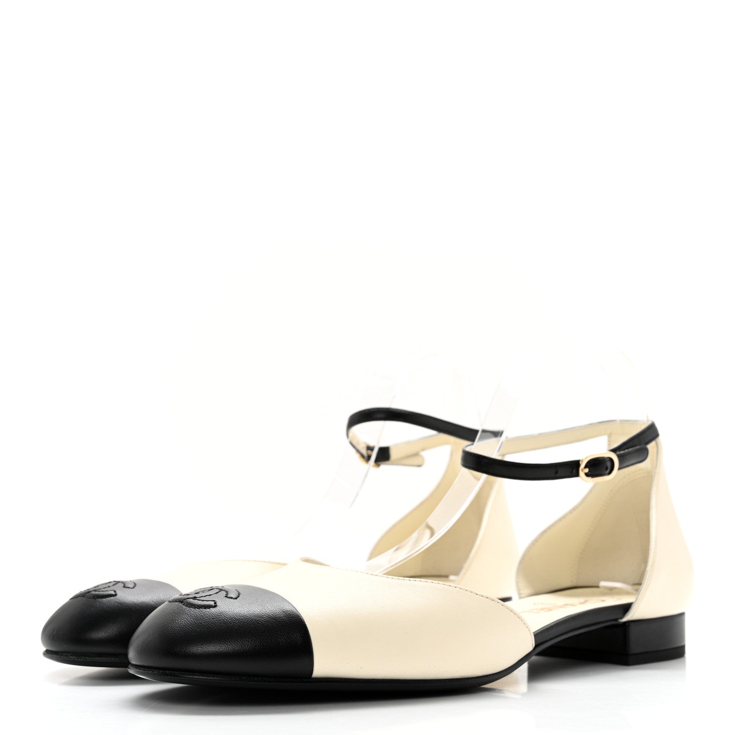 Chanel Lambskin Cap Toe CC Ankle Strap Flats 41 Ivory Black 4 of 12