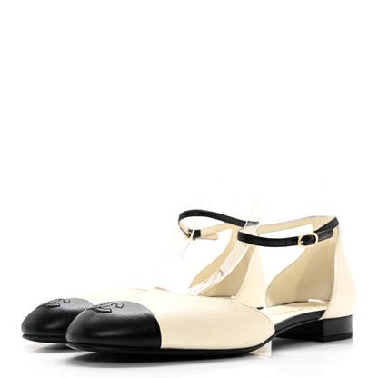 Chanel Lambskin Cap Toe CC Ankle Strap Flats 41 Ivory Black 4 of 12
