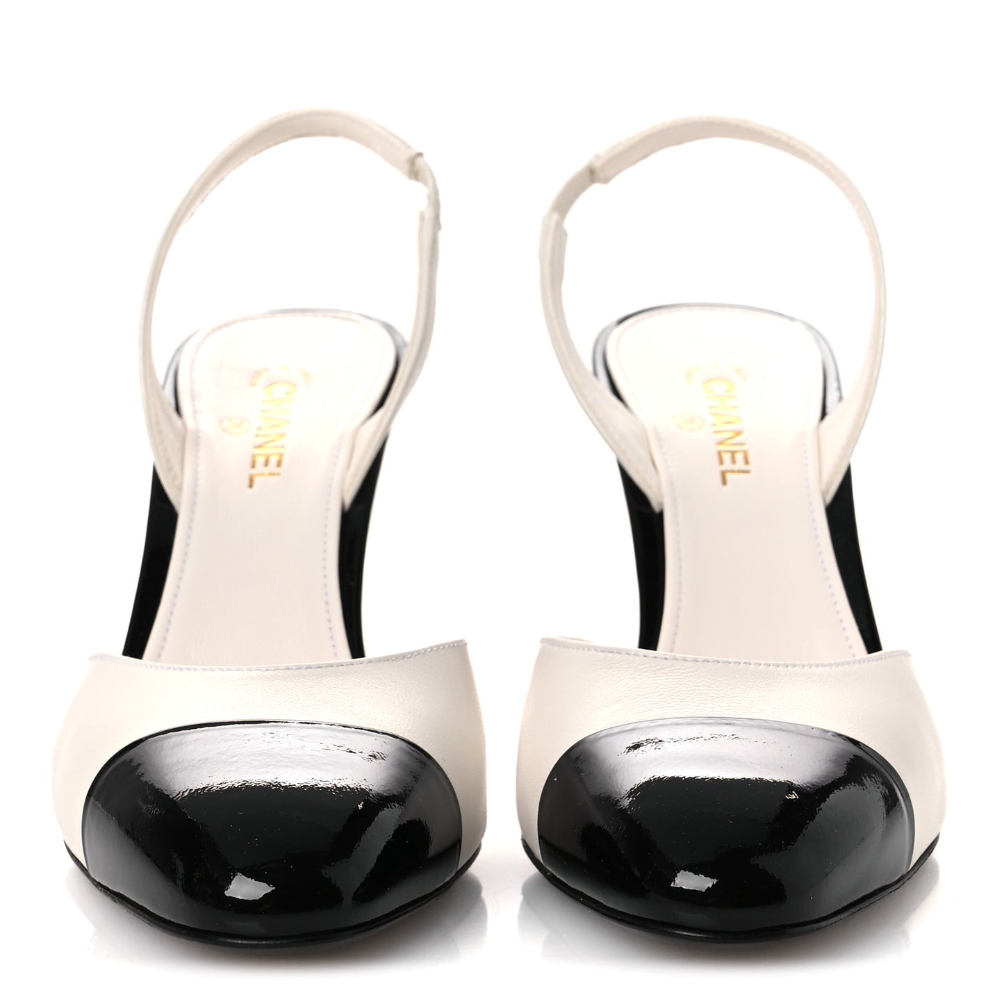 Lambskin Patent Cap Toe CC Apple Slingback Pumps 38 Gold Black