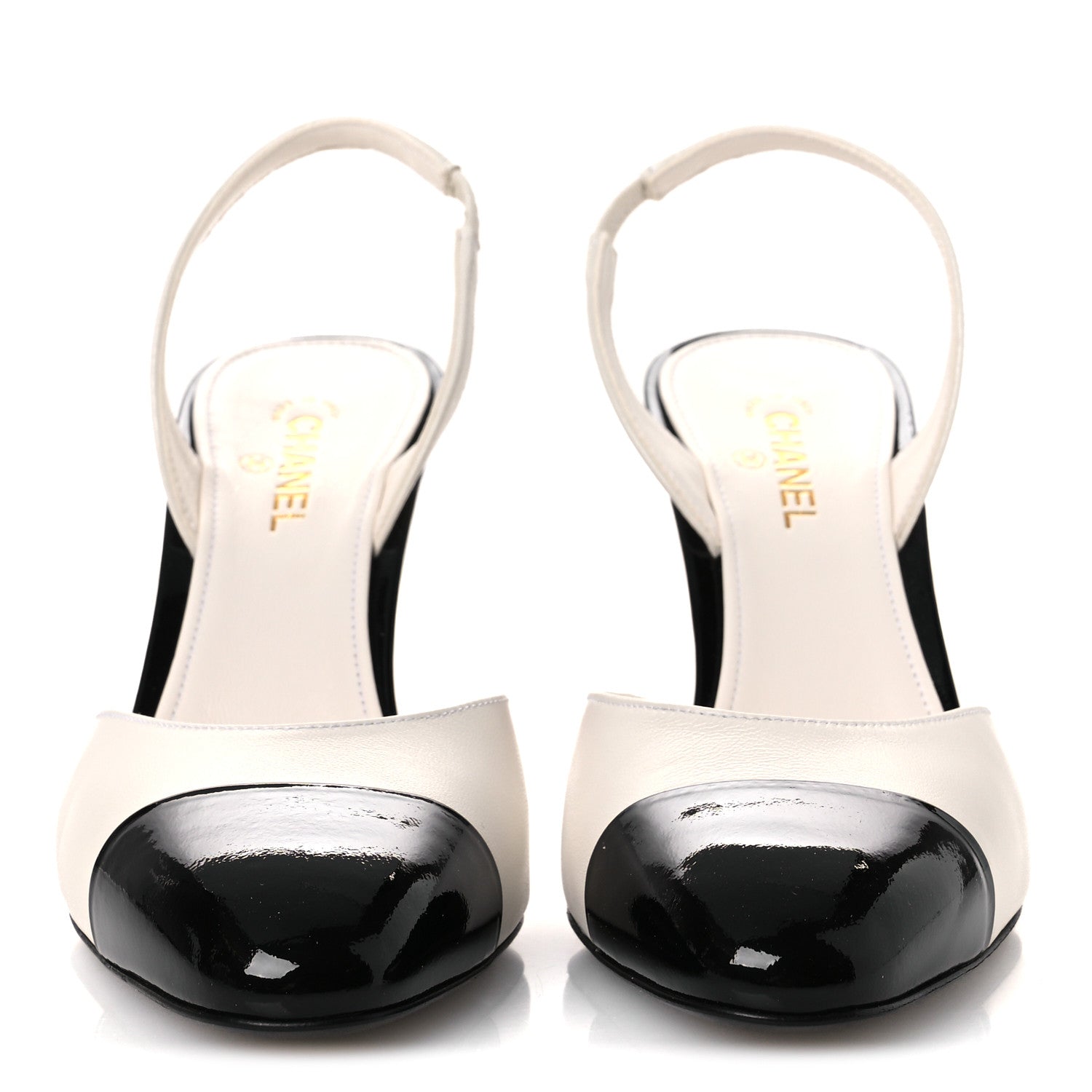 Chanel Lambskin Patent Cap Toe CC Apple Slingback Pumps 38 Gold Black 3 of 11