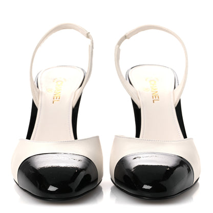 Chanel Lambskin Patent Cap Toe CC Apple Slingback Pumps 38 Gold Black 3 of 11