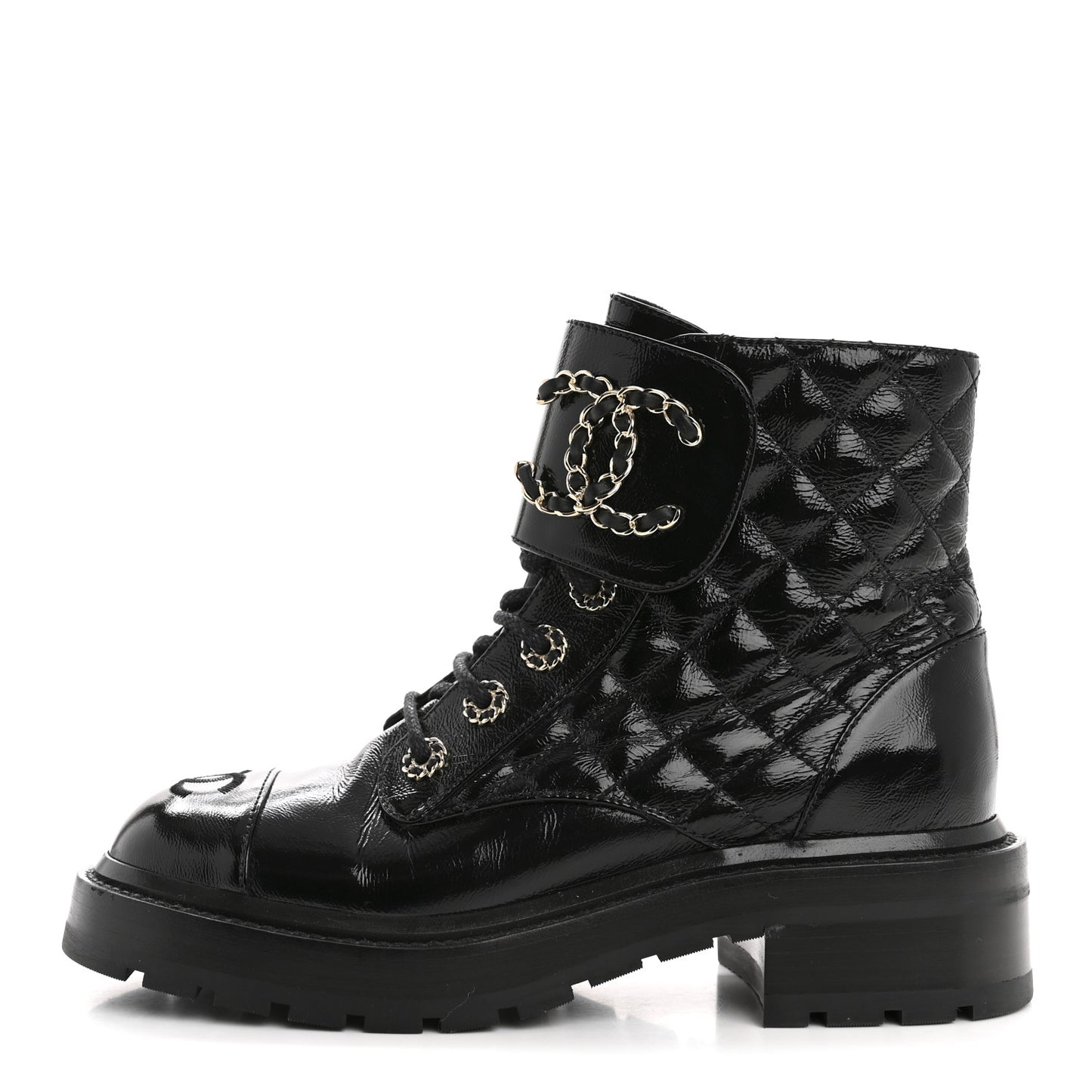 Shiny Goatskin Calfskin Quilted Lace Up Combat Boots 36.5 Black