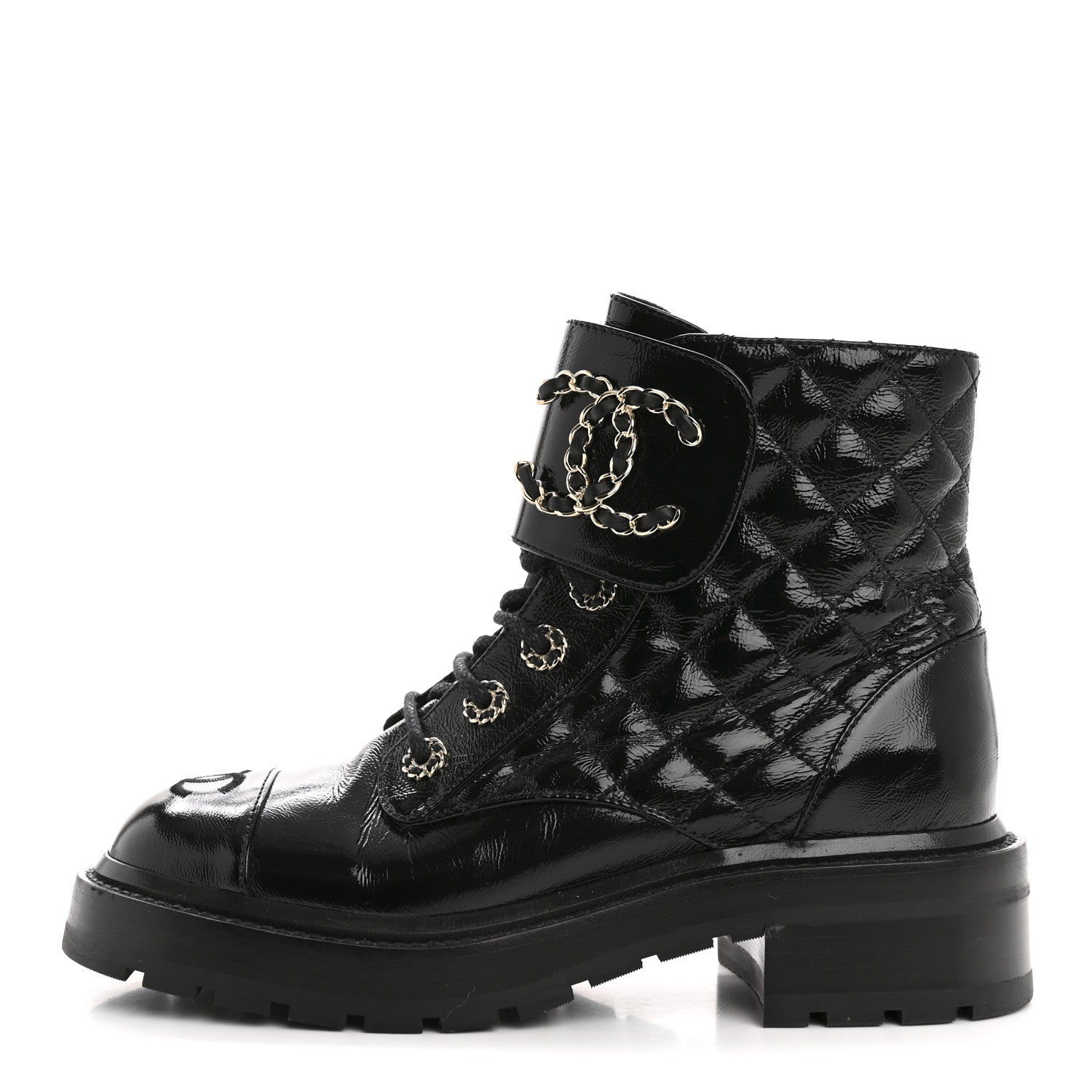 Chanel Shiny Goatskin Calfskin Quilted Lace Up Combat Boots 36.5 Black 1 of 9