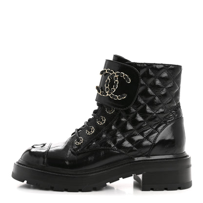 Chanel Shiny Goatskin Calfskin Quilted Lace Up Combat Boots 36.5 Black 1 of 9