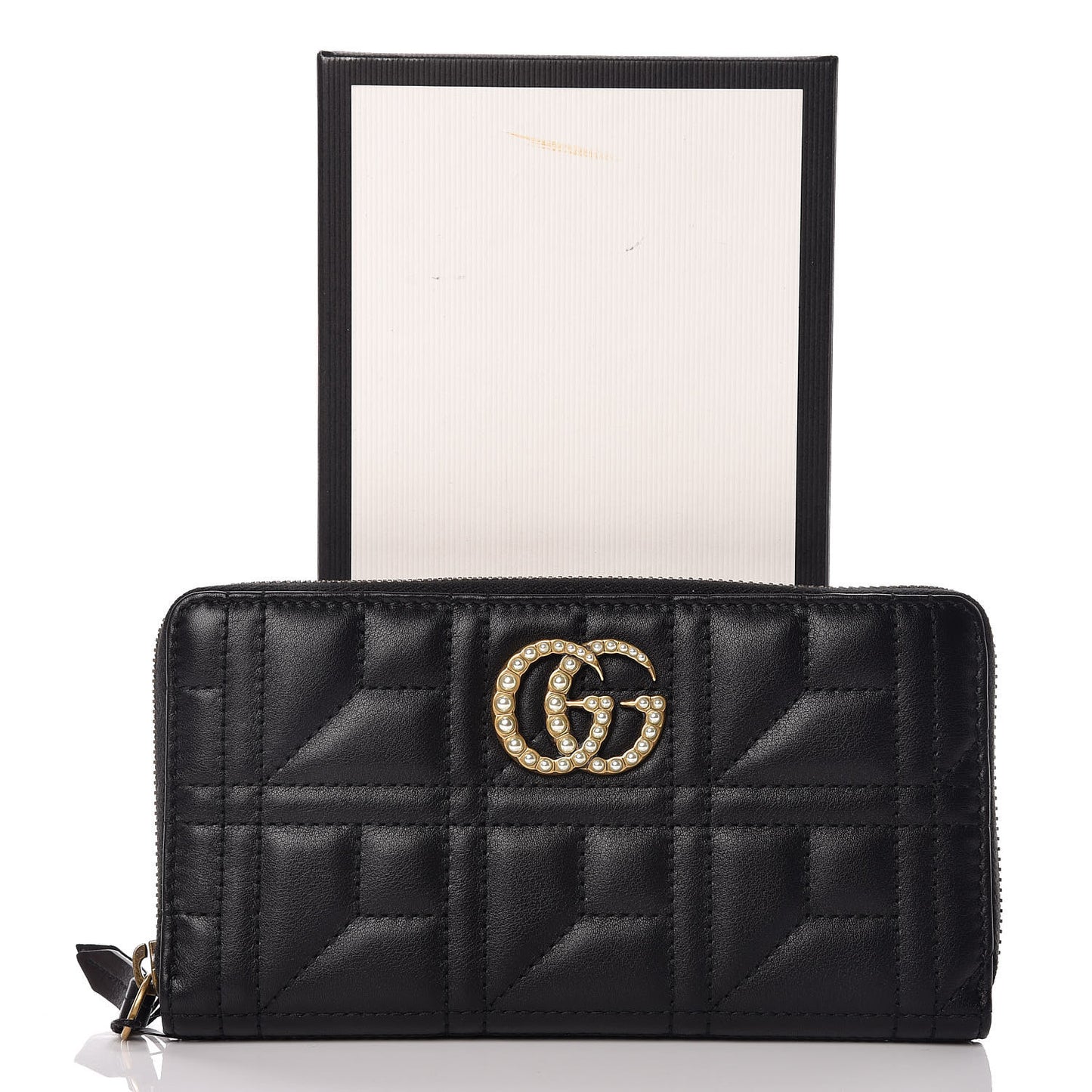 Calfskin Matelasse Pearly GG Marmont Zip Around Wallet Black