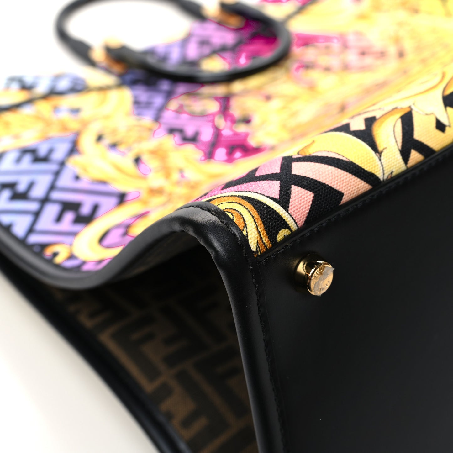 X VERSACE Canvas Printed Plexiglass Fendace FF Baroque XL Fendi Sunshine Shopper Tote Gold
