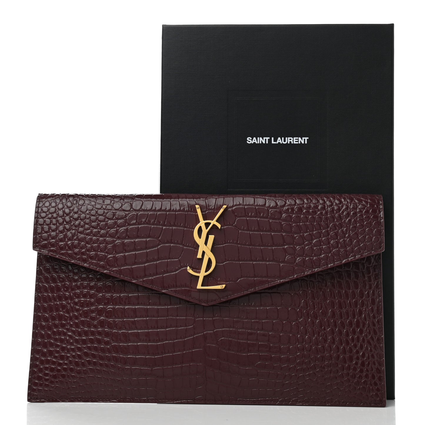 Calfskin Crocodile Embossed Uptown Monogram Clutch Rouge Legion