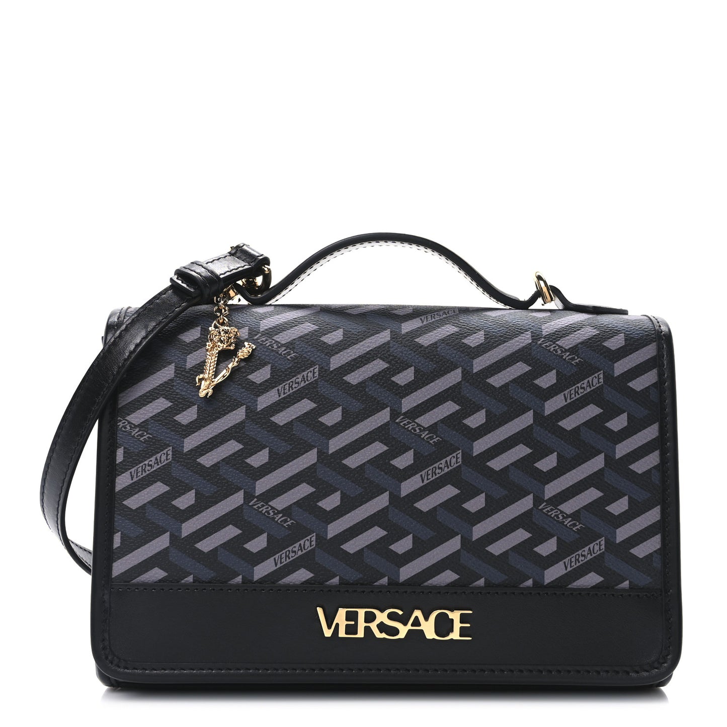 Coated Canvas La Greca Signature Top Handle Bag Black