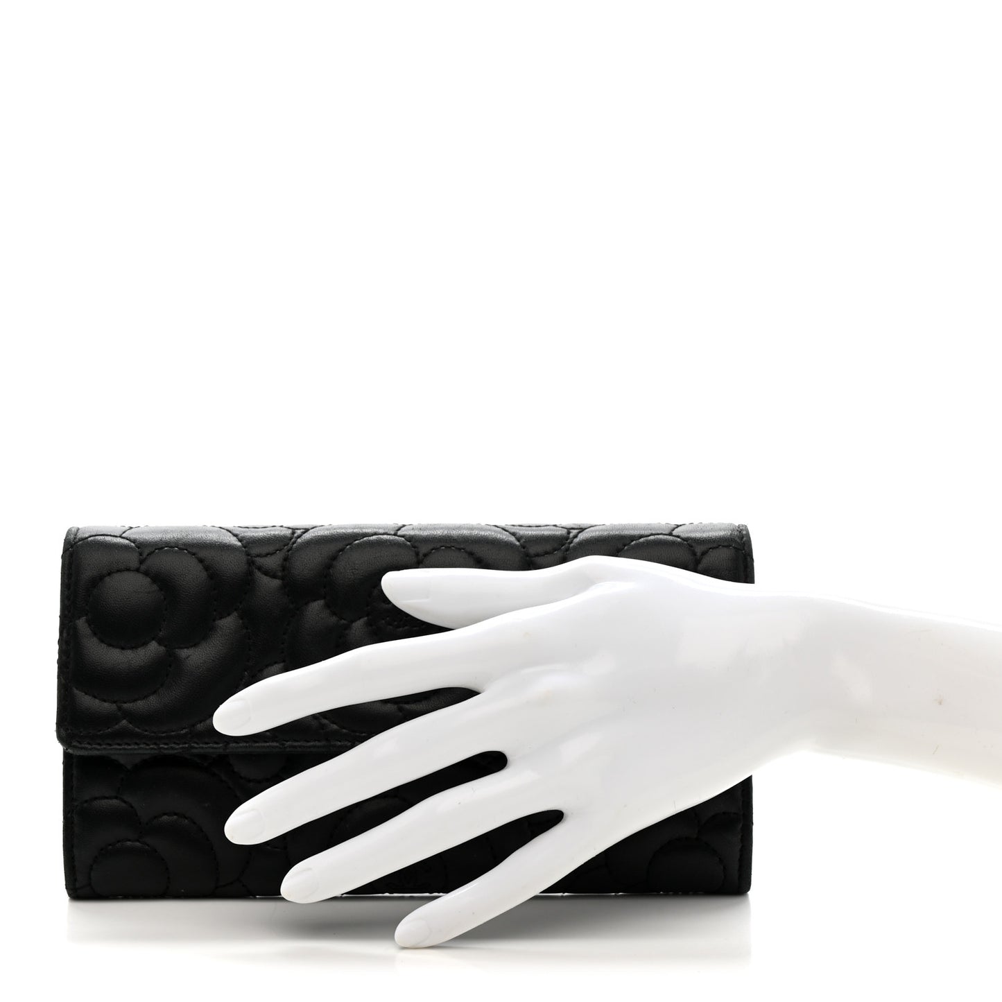 Lambskin Embossed Camellia Flap Wallet Black