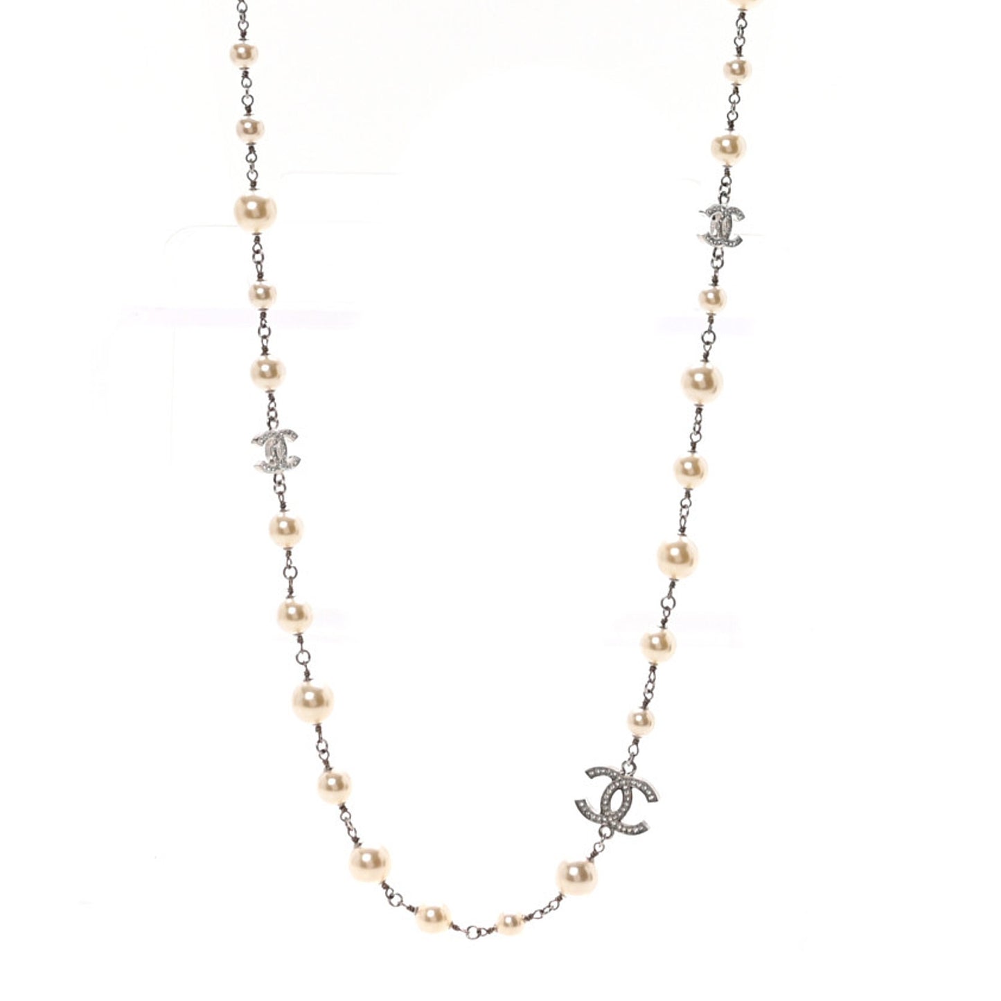 Crystal Pearl CC Long Necklace Silver