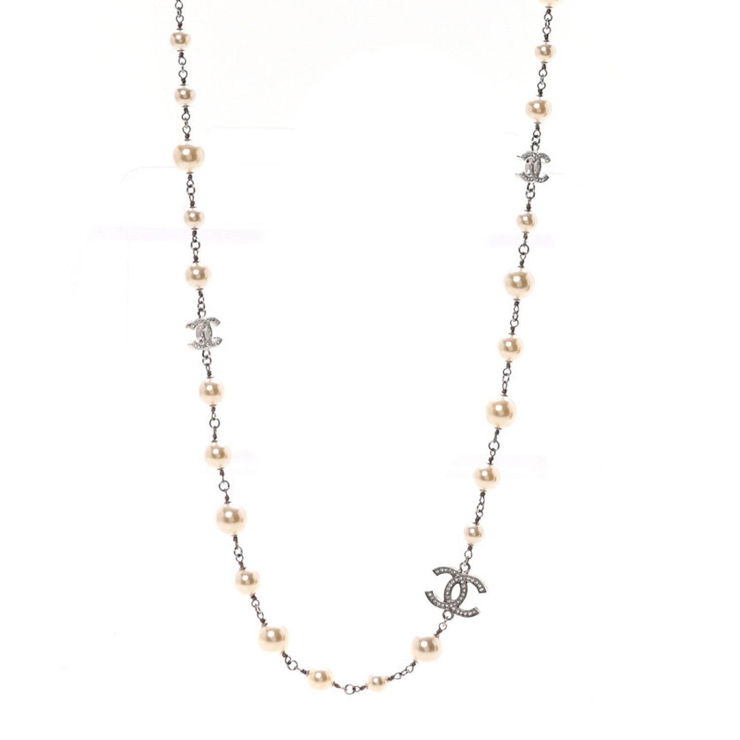 Chanel Crystal Pearl CC Long Necklace Silver 1 of 7