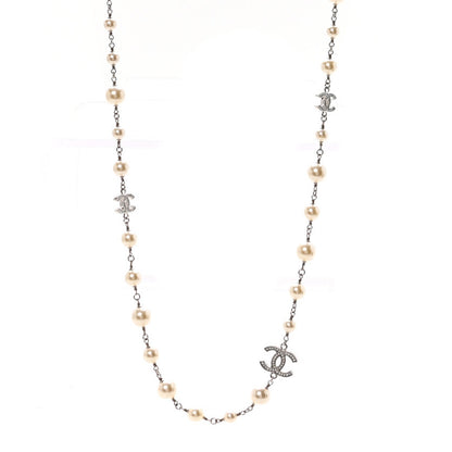 Chanel Crystal Pearl CC Long Necklace Silver 1 of 7