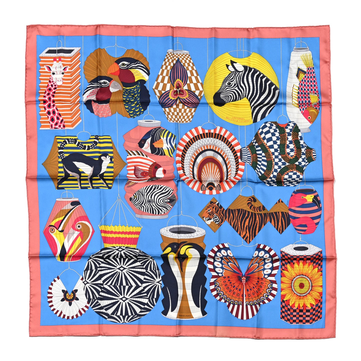 Silk Lanternes Ballons et Cocardes Scarf 90 Vieux Rose Bleu Azteque